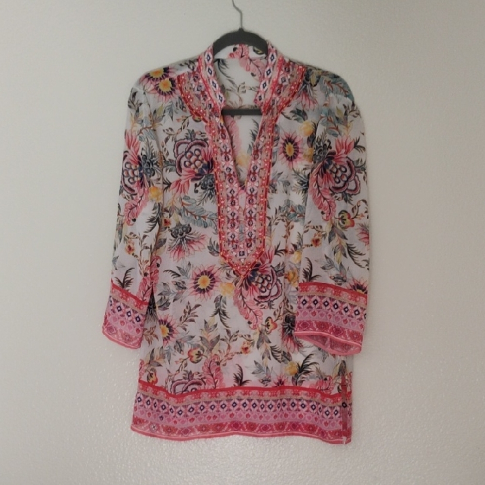 Floral Pink Border Tunic Top - Women